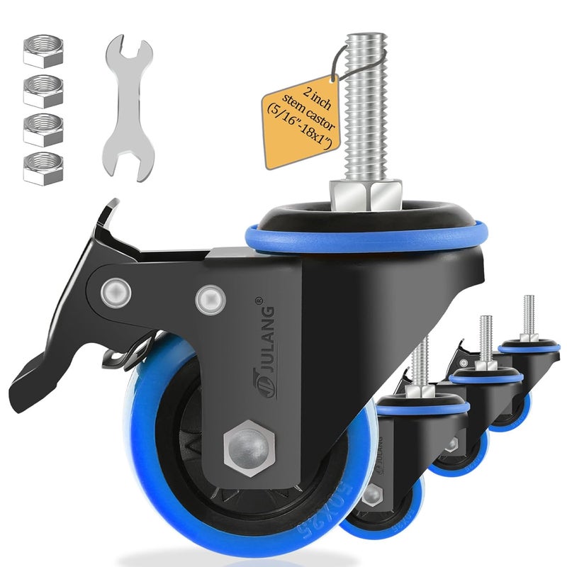 Julang 2 inch Caster Wheels 5/16" Threaded Stem Casters Set of 4 Heavy Duty, Locking & Stem Mount (UNC 5/16" -18 x1 & Weight Capacity 580 lbs) Casters for Wire Shelving, Carts, Furniture.(Blue) - Image 1